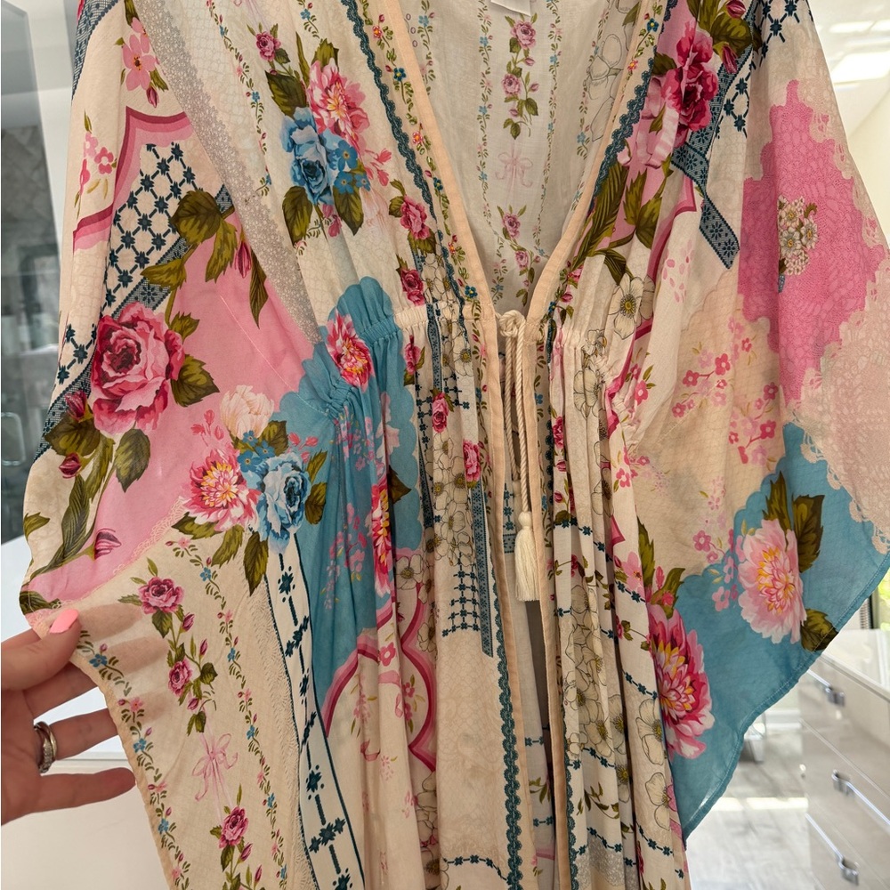 Agua Bendita Floral Tie-Front Kaftan in Pink, Blue, Cream - Picture 6 of 6